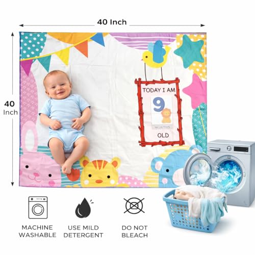 Image of Growth Keepsake Baby Blanket 51 * 43 Inch Animal Theme Monthly Age Marker Blanket Cute Bunny Bear Bird Print Background Washable Foldable Infant Play Mat