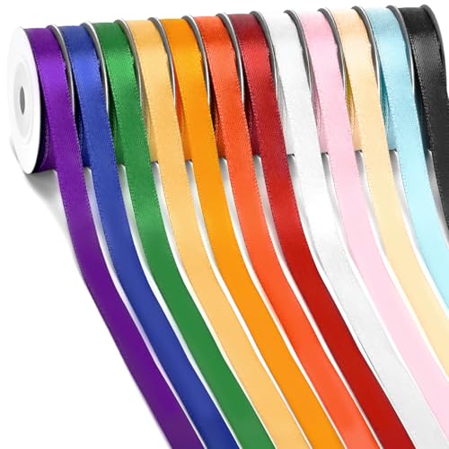 Rainbow Satin Ribbon, 12 Colors 3/8 Inch X 12 Rolls Total 120 Yards, Colorful Ribbon Perfect For Gift Wrapping, Crafts Hair Bows, Flower Bouquet, Wedding Party Decoration And More