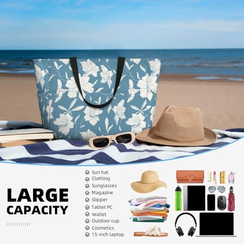 Lilies Flowers Light Blue Large Beach Bag Waterproof Sandproof Swim Tote Pool Bag For Women With Zipper4