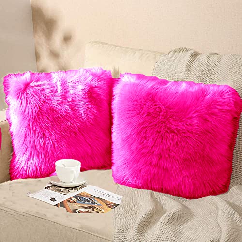 Image of Fur Cushion Pillow Cover for Set of 2 Pillow - 13x13 Inches (Dark Pink)