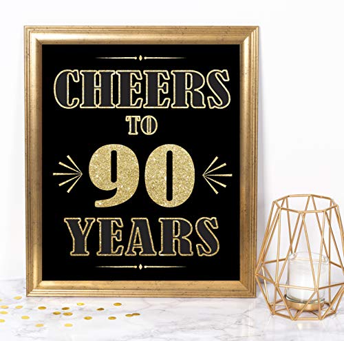 Katie Doodle 90th Birthday Party Supplies Decorations for Women Men Him Her - Includes 8x10 Cheers to 90 Years Sign [Unframed], Gold & Black