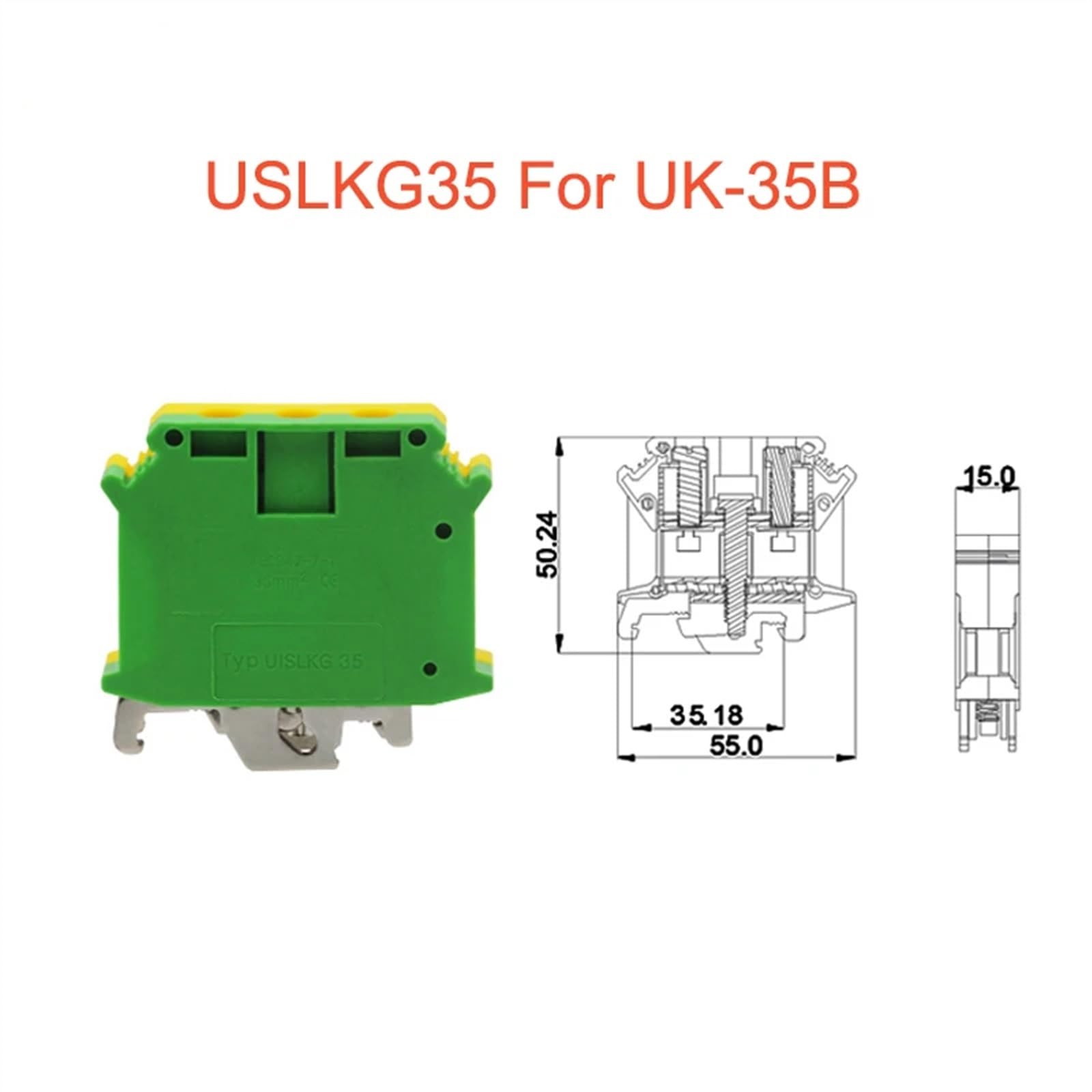1 Pz USLKG35 Morsettiera di terra Vite su guida DIN UK-35B UK-35N Giallo Verde Connettore di terra 35mm2 (Color : USLKG35 for UK-35N)