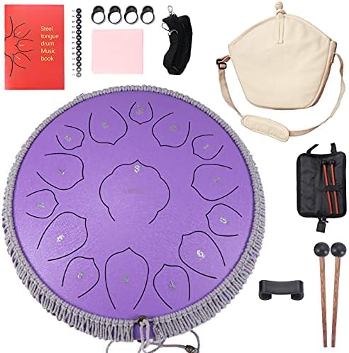 REEKIO Steel Tongue Drum, 14 inch 15 Notes, Lotus Percussion Instrument, Handpan Drum with Travel Bag, Manual, 2 Mallets, Finger Picks for Kids Adults Beginner Meditation, Entertainment Gift (Purple)