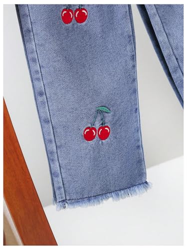 Image of GORGLITTER Girl's 2 Piece Outfits Ruffle Trim Long Sleeve Sweater Cherry Embroidered Jeans Red and Blue 7Y
