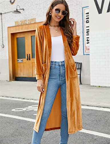 Image of Women's Long Velvet Cardigan Jacket Lapel Collar Open Front Vintage Cardigan Sweater with Pocket