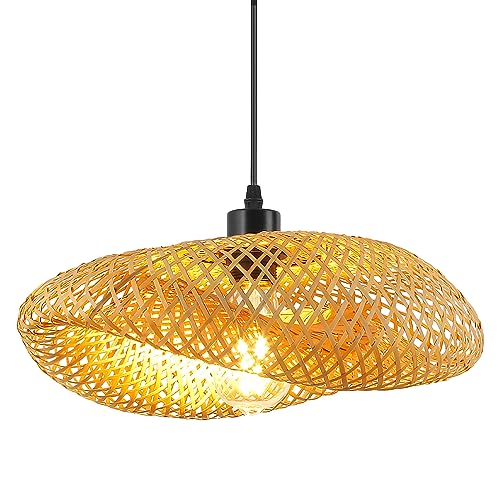 Schindora Suspension Luminaire Bambou,Chapeau RéTro En Paille LéGèRe Abat Jour Rotin CréAtivité Suspension Luminaire Tissage Lustre Cuisine Pour Restaurant Salon De...