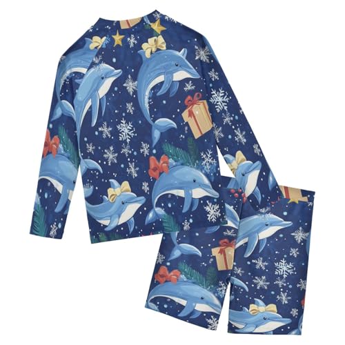 Xmas Dolphin Snowflake Boys Swimsuit Rash Guard Toddler Kids Long Sleeve Swim Shirt and Trunks Swimwear Set 3-10Y2