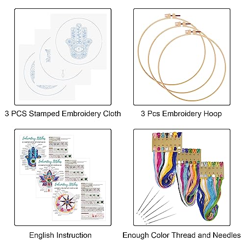 Image of Louise Maelys 3 Set Tarot Evil Eye Embroidery Kits for Beginners,Adults Starter Cross Stitch Kit DIY Needlepoint with Hamsa Hand Sun Moon louts Flower Pattern