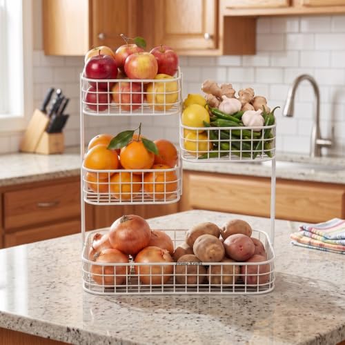 Image of 4 Tier Fruit Basket for Kitchen | Space Saving Decorative Kitchen Organizer | Multi-Layer Dining Table Organizer for Fruits, Snacks & Jars (4 Tier - White)
