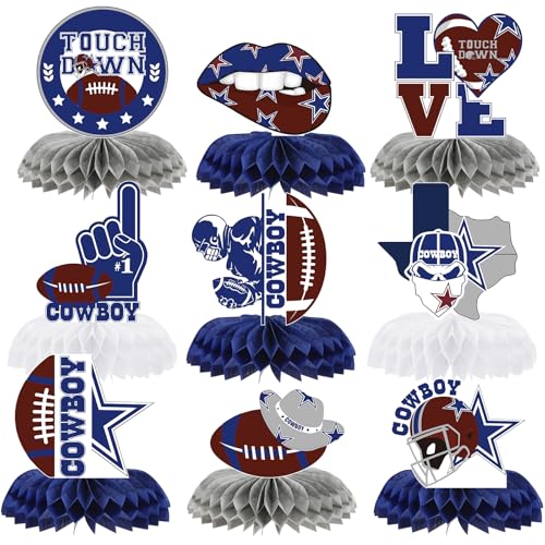 Image of Football Cowboy Party Decorations - 9 Pcs Birthday Centerpieces | American Rugby Honeycomb Table Toppers Photo Booth Props for Kids Boys Happy Sports Game Supplies