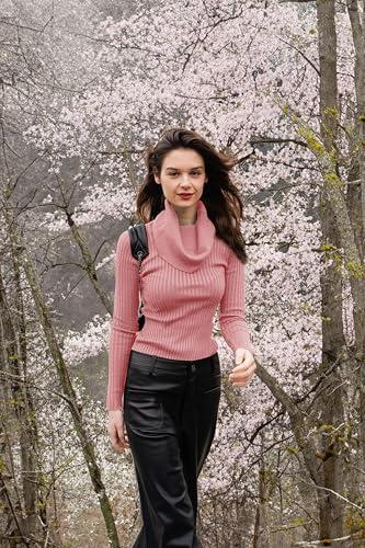 Image of v28 Women's Stretchable Cowl Neck Knit Long Sleeve Slim Fit Bodycon Sexy Sweater