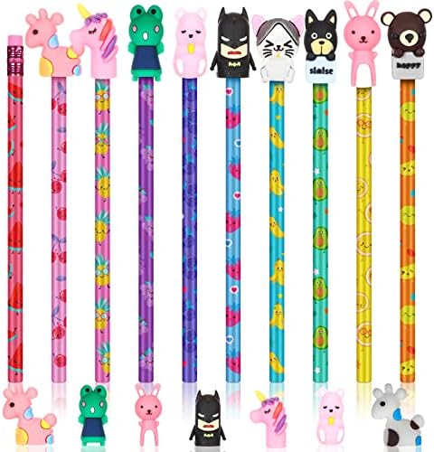 Glenmal 100 Pcs Scented Pencils for Kids Animal Fruit Scent HB Graphite Pencils with 100 Pcs Cartoon Pencil Toppers Silicone Animal Eraser Gift for School Office Classroom Party Reward Supplies