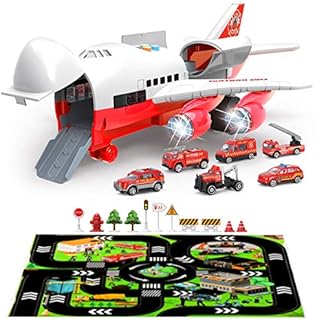 Veluoess Transport Cargo Airplane Car Toy Set, Transport Airplane Toy with 6 Mini Fire Trucks and Scene Play Mat Children Early Educational Toy with Sound and Light Best Gift for Kids 3+
