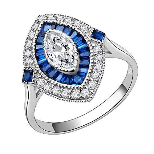 Lavencious Royal Halo Clear & Blue CZ Stones Engagement Rings in Sterling Silver 925 Size 6 to 10 (Marquise-Blue, 9)