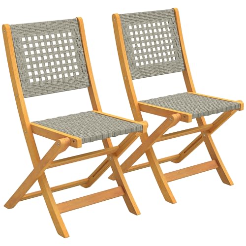 Outsunny Gartenstühle 2 Stück FSC Akazienholz Klappstuhl mit Atmungsaktiv Sitz angenehme Sitzhöhe, Gartensessel aus Massivholz & Polyrattan Balkonstühle Stuhlset für Garten Balkon Terrasse Grau