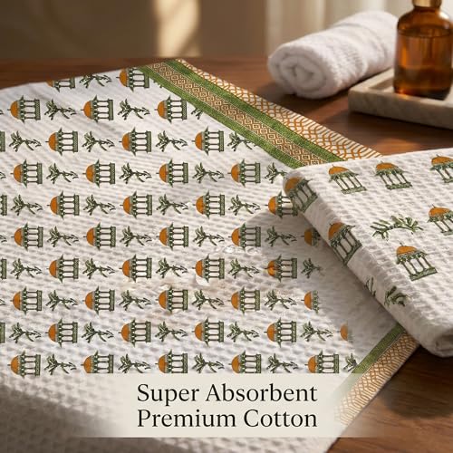 Image of Mafatlal Madhuban Cotton Waffle Set (1 Bath 147x76 cm + 2 Hand 76x38 cm) | 250 GSM | Lightweight, Quick Dry Floral | Online Lime
