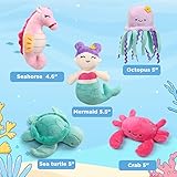 BenBen 5-Pack Ocean Stuffed Animal Set, Sea Creature Plush Toys with Shell Carrying Bag, Cute Plushies for Baby Toddler Kids, Sea Turtle, Octopus, Mermaid, Seahorse, Crab, Baby Shower Party Favors