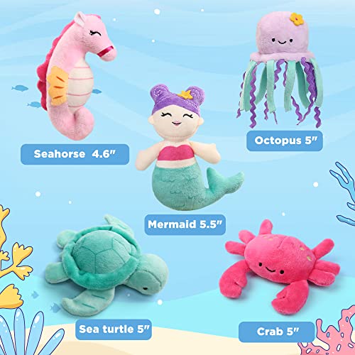 BenBen 5-Pack Ocean Stuffed Animal Set, Sea Creature Plush Toys with Shell Carrying Bag, Cute Plushies for Baby Toddler Kids, Sea Turtle, Octopus, Mermaid, Seahorse, Crab, Baby Shower Party Favors