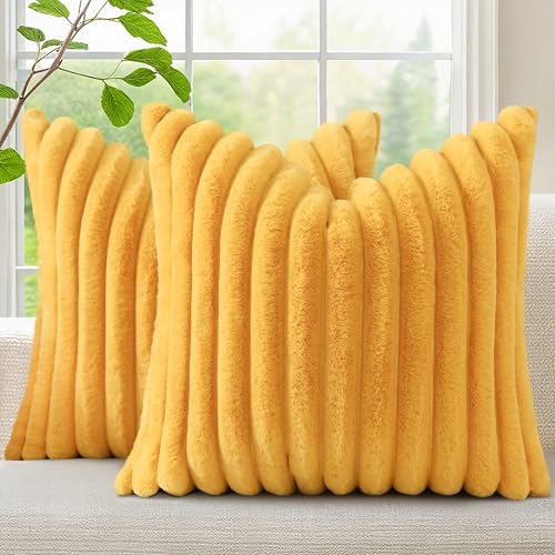 Image of decorUhome Fall Cozy Faux Fur Throw Pillow Covers 18x18 Set of 2 Decorative Soft Plush Striped Modern Farmhouse Boho Couch Pillow Cases with Velvet Back for Sofa Bed Living Room, Mustard Yellow