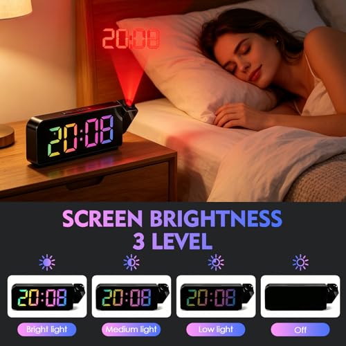 Miniatura 5 de Reloj Despertador Digital Con Proyector 180 , Rgb Colorido Reloj Proyector Techo Con Visualización De Temperatura Y Fecha, 7 Pantalla Led, Usb Carga, Brillo Ajustables Para Niños Y Adultos, 12 24h