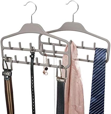 FairyHaus Belt Hanger Organizer 2 Pack, Non Slip Tie Rack Holder, Durable Hanging Closet Accessory Hooks for Belts, Ties, Jewelry, Scarves, Tank Tops, Grey