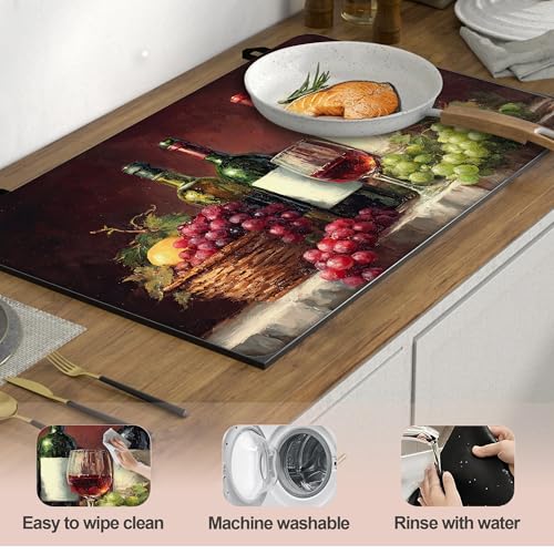 Image of Multi-Design Silicone Stove Cover for Glass /Electric Stoves - 3-in-1 Heat-Resistant Protector Mat, Non-Slip Drying Rack (Grapes Wine Bottle, 28 inch L x 20 inch W)
