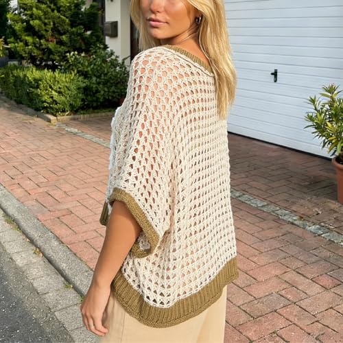 Image of Women Floral Crochet Sweater Short Sleeve Crewneck Hollow Out Lightweight Knit Pullover Tops 2025 Summer Beach Cover Ups