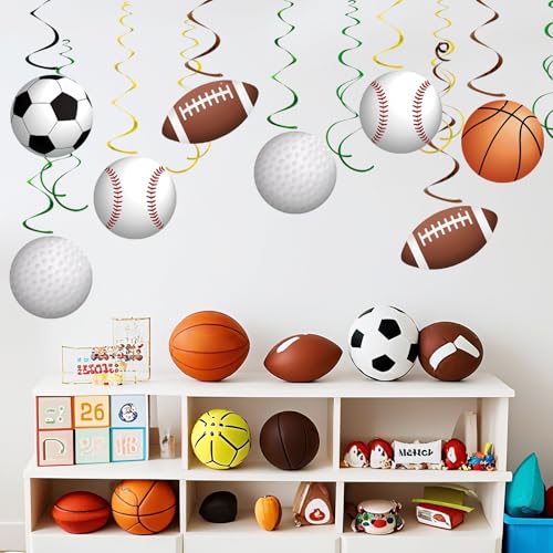 Image of 54Pcs Sports Hanging Swirls Party Decorations Sports Theme Birthday Party Decorations Supplies Baseball Basketball Golf Football Soccer Ball Cutouts Swirl Ceiling Streamers for Kids Boys Men