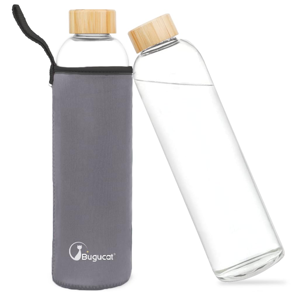 Bugucat Borosilicate Glass Water Bottles 1000ML，Reusable Bamboo Lid Drinking Bottle w/ Protective Sleeves,Juice Beverage Container BPA-Free Leak Proof School Sport Yoga Gym Hot Cold Drinks，Dark Gray