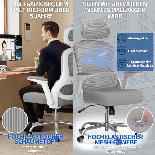Image of TRALT Ergonomic Office Chair, Office Chair, Gaming Chair with Adjustable Headrest, Lumbar Support, Home Office, Desk Chair, Computer Chair for Large People, Mesh Chair, 150 kg, Grey