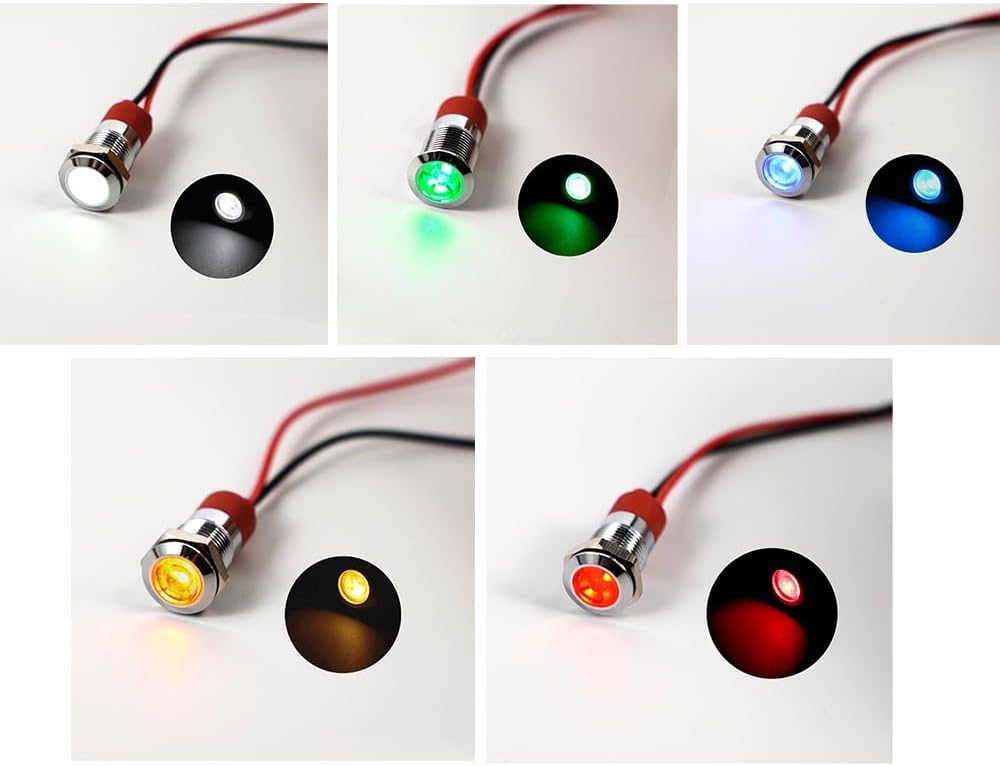 GTIWUNG 10 Pezzi 6mm Indicatore Luminoso Set 12V Luce di Segnalazione in Metallo Impermeabile Indicatori Luminosi a LED Pannello Metallico Testa Piatta con Fili, 5 Colori, 2 di Diascuno