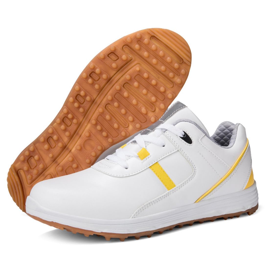 DAMANDO Waterproof Leather Golf Shoes, Ladies Professional Golf Sneakers Spikless Walking Footwears Outdoor Golfing Walking Shoes,Yellow,7