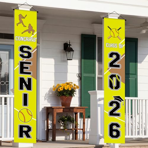 Mindsoft 2 Pcs Softball Senior Night 2026 Graduation Decorations Softball Senior Night Porch Door Banner 30 x 180 cm Class of 2026 Wall Sign Decorations for Graduation Party Supplies Outdoor Decor