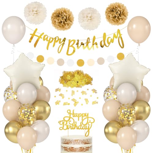 Decoracion Cumpleaños Globos Oro Beige, Guirnalda Happy Birthday, Pompones Globos Confeti Decoración Tartas para Niños Niñas Mujeres y Hombres Cumpleaños Fiesta