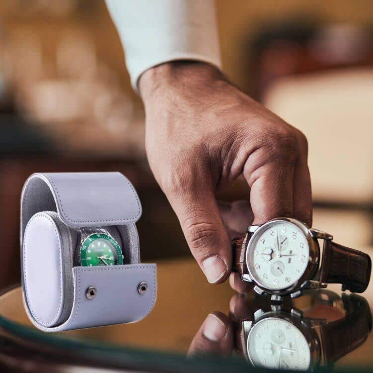 Image of Mr.Okay 1 Watch Case for Women or Men- Premium Leather Watch Travel Case (with Luxurious Flannel,Snap Button or Zipper),Portable Watch Organizer For Storage and Display. Watch Roll Travel Case with Stylish and Perfect Texture, Purely Handmade by Craftsmen Who Pursue the Ultimate. (Grey, Roll Single)