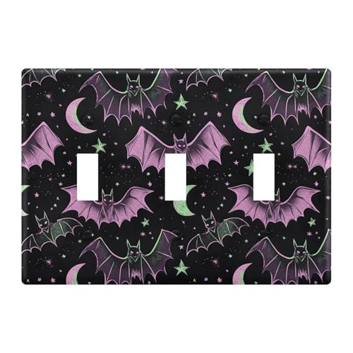 Light Switch Cover Halloween Purple Bat Stars Wall Plates for Electrical Outlets 3 Gang 202b7031