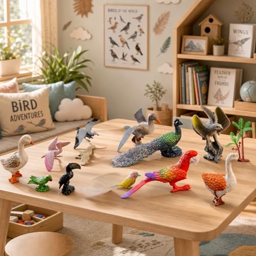 Image of ZESTHOME Birds Toy Set for Kids | Big & Small PVC Rubber Birds | Peacock Parrot Duck Goose Eagle Pigeon Owl Crow Sparrow | Educational Animal Figures | 14-Piece