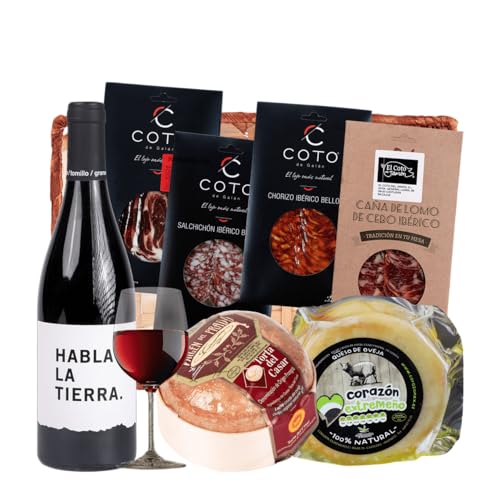 Cesta Gourmet Empresas – Loncheados Jamón de Cebo Ibérico 50% Chorizo y Salchichón 100% Bellota Lomo de Cebo Ibérico 50% Vino Tinto Habla de la Tierra Ibérico Premium de Extremadura CORAZON EXTREMEÑO