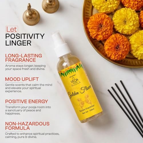 Image of Welburn Veda&Co Room Freshener | Long Lasting Spiritual Aroma Spray for Home, Office & Puja Room | Divine Puja Room & Home Fragrance (Temple, Golden Flower, Jasmine - 100 ml Each)