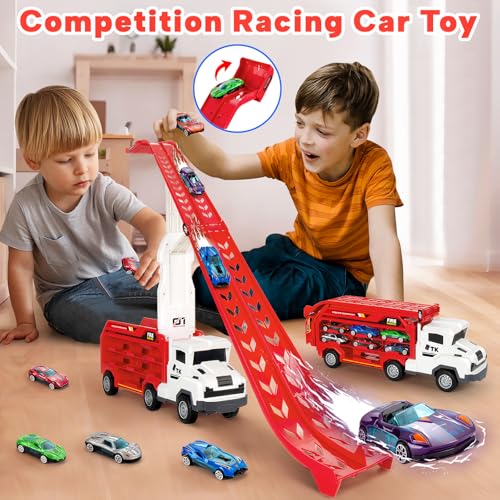 Image of BainGesk Truck Car Toys for 3, 4, 5, 6 Years Old Boys Girls, 25 in Race Track Truck Toys, Foldable 2 Layer Carrier Transport Car with 6 Metal Cars, Birthday Toys Gifts for Toddler