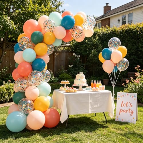 Image of Zesliwy Boho Rainbow Balloons,50pcs 12inch Assorted Colors Retro Orange Yellow Blue Balloon Teal Blue Blush Light Orange Balloon Colorful Confetti Balloon for Birthday Wedding Sunshine Party Decor