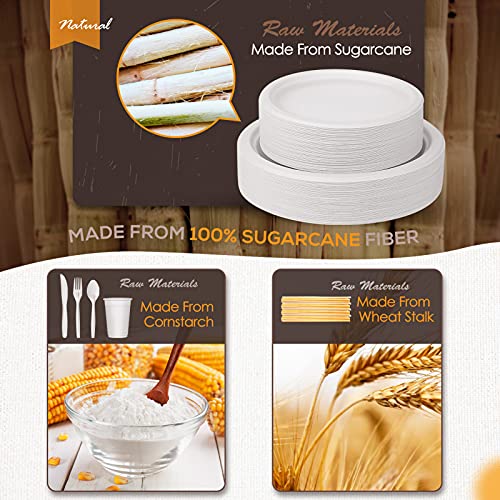Image of 350pcs Compostable Paper Plates Set Disposable Plates 9 Inch 7 Inch for Wedding Party Eco-friendly Sugarcane Plates Biodegradable Cutlery Forks Knives Spoons Cups and Straws for 50 Guests