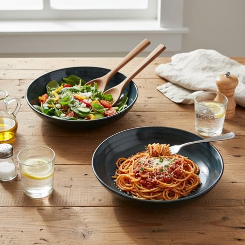 Image of Beyond Homes Handcrafted Ceramic Pasta Bowl Set, 21 cm | Microwave & Dishwasher Safe Pasta Plates Glossy Finish | Deep Plate | Ceramic Serving Pasta Bowl, 650 ml Each (Midnight Blue Set of 2)