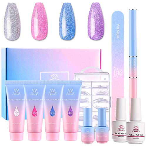 Makartt Nail Art Foil Glue Gel and Makartt Jelly Glitter Poly Nail Extension Gel Kit Bundle Nail Enhancement Set for Beginner or Nail Technician