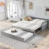 Classic Solid Wooden Daybed with Pop Up Trundle Twin to King Extendable Sofa Bed for Living Room Bedroom Guest Room Space Saving, Gray
