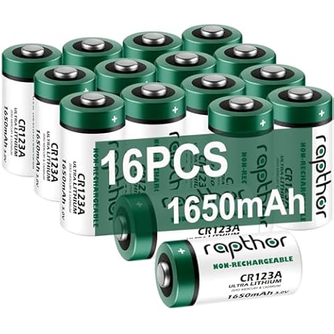 rapthor CR123A 16pack Lithium Batteries 1650mAh High Power UL Certified 3V Non-Rechargeable Battery with Built-in PTC for Flashlight Toys Alarm System Microphones (Not for Arlo) Cover