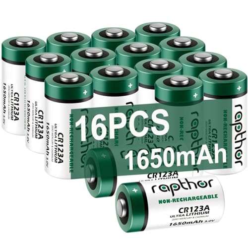 rapthor CR123A 16pack Lithium Batteries 1650mAh High Power UL Certified 3V Non-Rechargeable Battery with Built-in PTC for Flashlight Toys Alarm System Microphones (Not for Arlo)