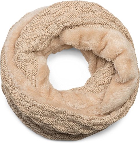 styleBREAKER warmer Feinstrick Loop Schal mit Flecht Muster und sehr weichem Fleece Innenfutter, Schlauchschal, Unisex 01018150, Farbe:Sand