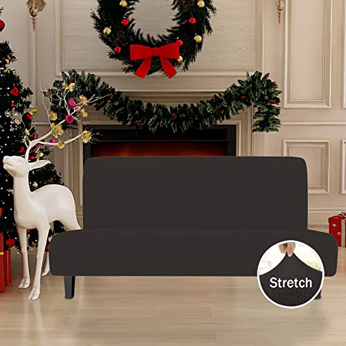 Image of Easy-Going Stretch Large Futon Slipcover Armless Futon Cover Chocolate | Sofa Bed Furniture Protector Without Armrests with Elastic Bottom for Kids, Soft Jacquard Machine Washable