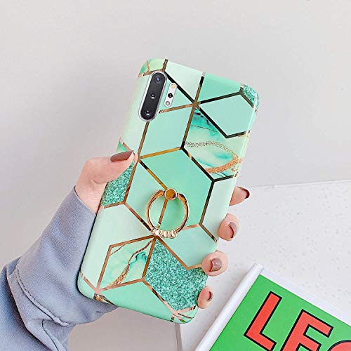 Saceebe Compatible with Galaxy Note 10 plus/Note 10 pro Silicone TPU,Glittered case TPU Soft Silicone Marble Pattern Soft Shell TPU with Finger Ring Bracket Protective Shell [Anti-Scratch],green